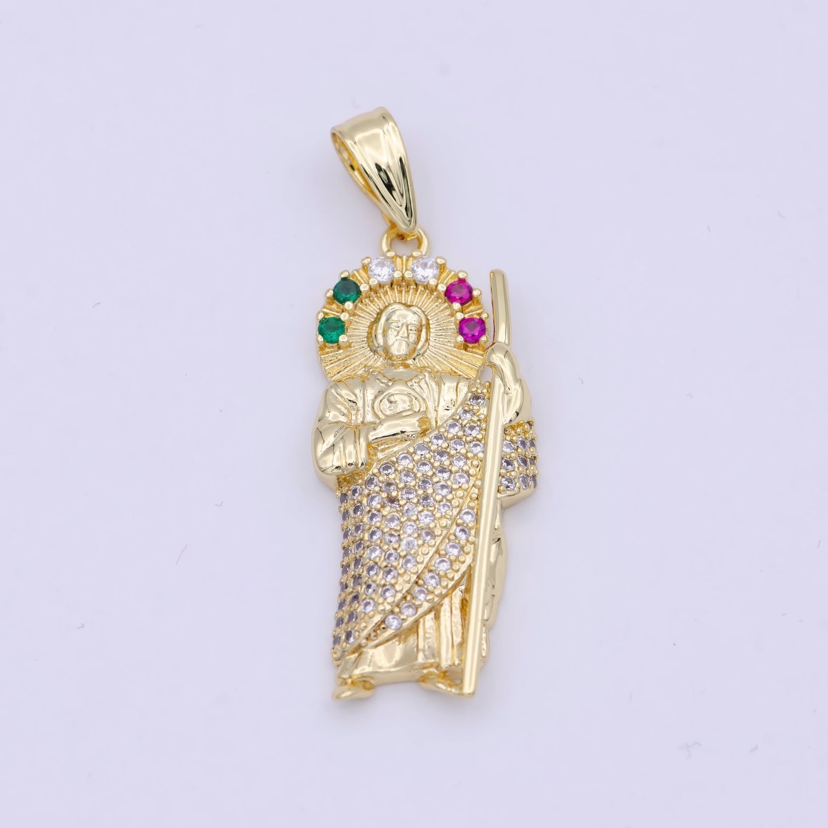 24K Gold Filled Religious Saint St. Jude Multicolor Clear Micro Paved CZ Pendant N-622 - DLUXCA
