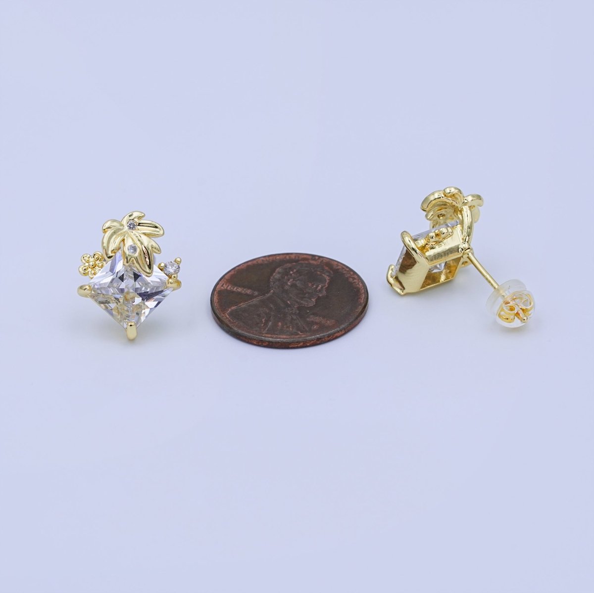 24K Gold Filled Rhombus CZ Palm Tree Leaf Stud Earrings | T443 - DLUXCA