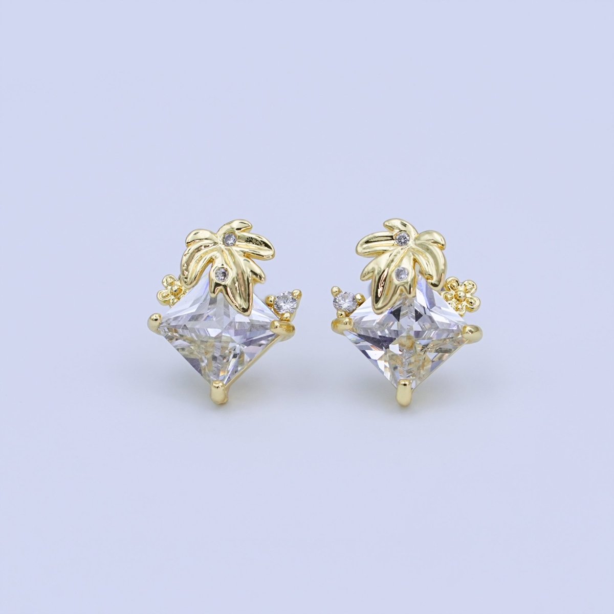 24K Gold Filled Rhombus CZ Palm Tree Leaf Stud Earrings | T443 - DLUXCA