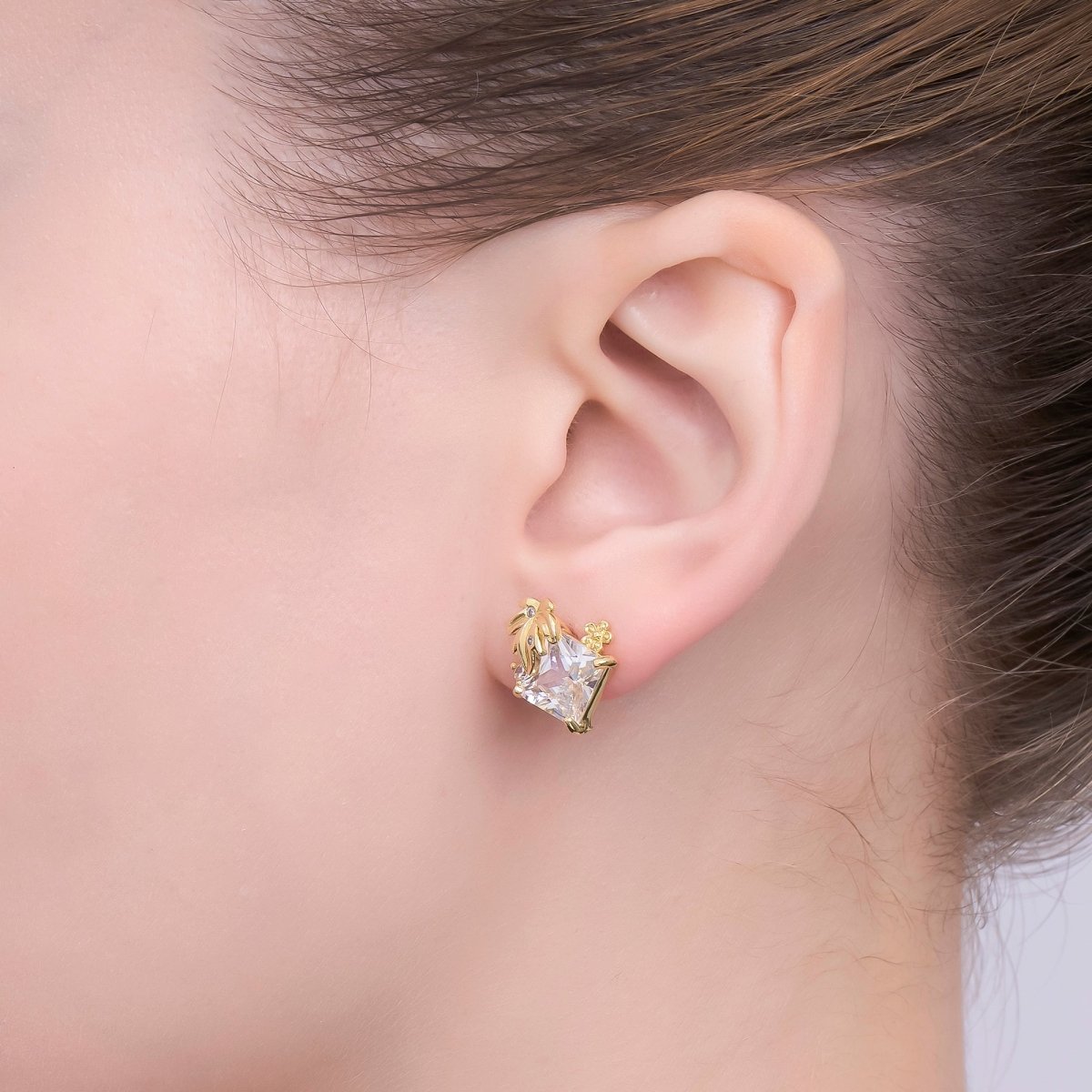 24K Gold Filled Rhombus CZ Palm Tree Leaf Stud Earrings | T443 - DLUXCA