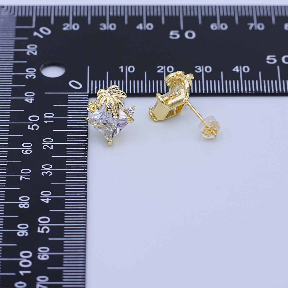 24K Gold Filled Rhombus CZ Palm Tree Leaf Stud Earrings | T443 - DLUXCA
