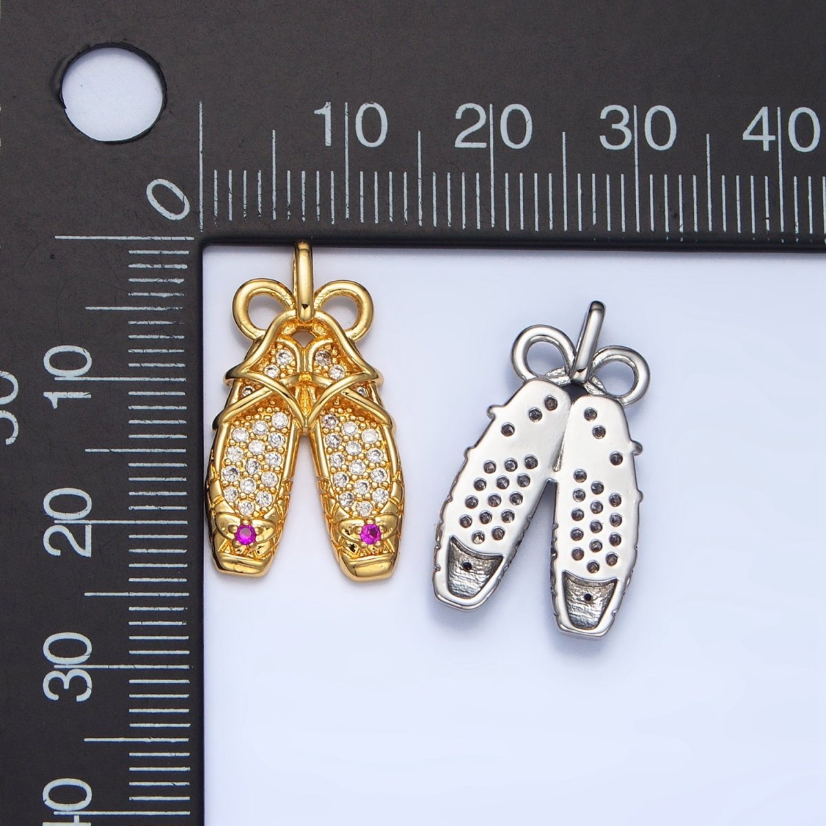 24K Gold Filled Ribbon Ballet Dancing Shoes Micro Paved CZ Pendant in Gold & Silver | AA119