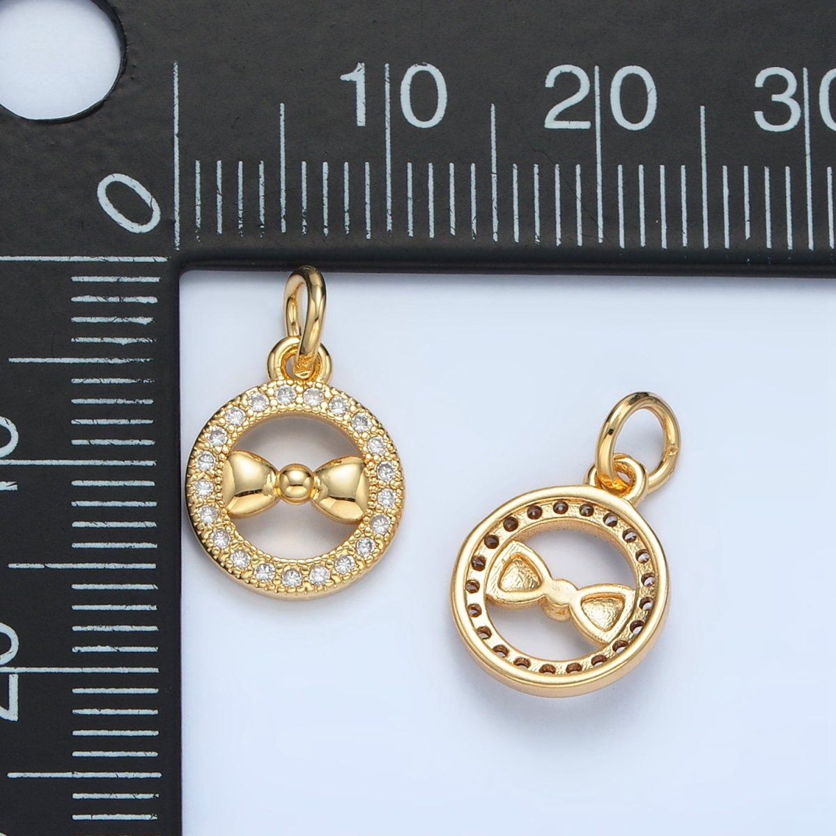 24K Gold Filled Ribbon Bow Open Micro Paved CZ Round Charm | X295