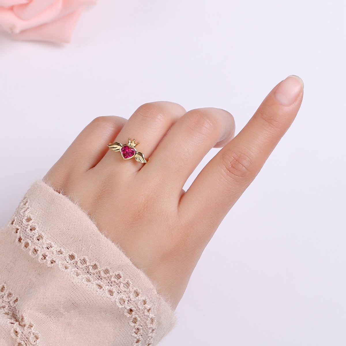 24K Gold Filled Romantic Heart Love Wings Adjustable Ring - R-310-311