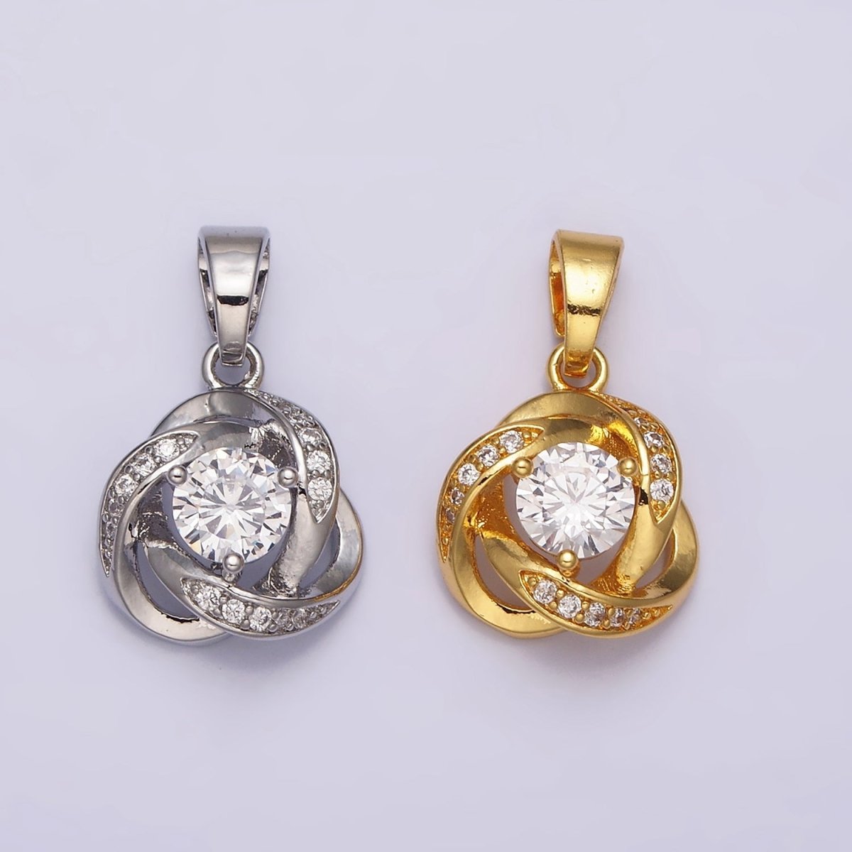 24K Gold Filled Rose Flower Clear Round Micro Paved CZ Pendant in Gold & Silver | AA467 AA468