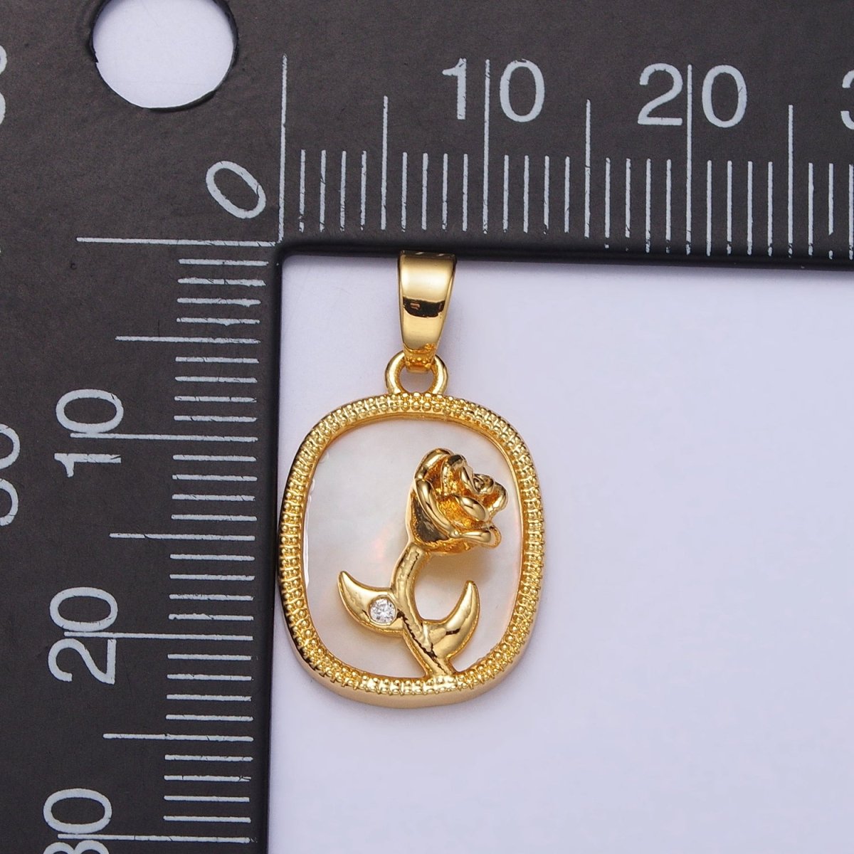 24K Gold Filled Rose Flower CZ Shell Pearl Square Pendant | AA110 - DLUXCA