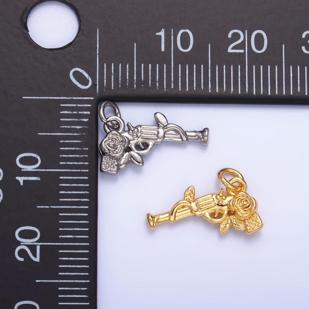 24K Gold Filled Rose Flower Gun Weapon 3D Multidimensional Charm in Gold & Silver | W345