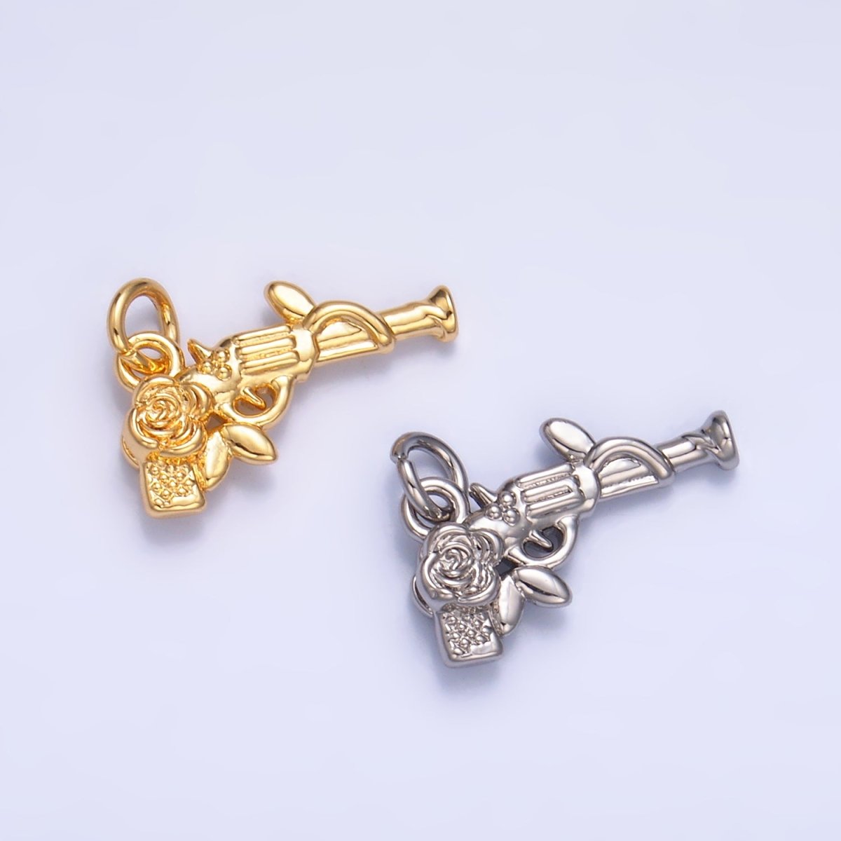 24K Gold Filled Rose Flower Gun Weapon 3D Multidimensional Charm in Gold & Silver | W345