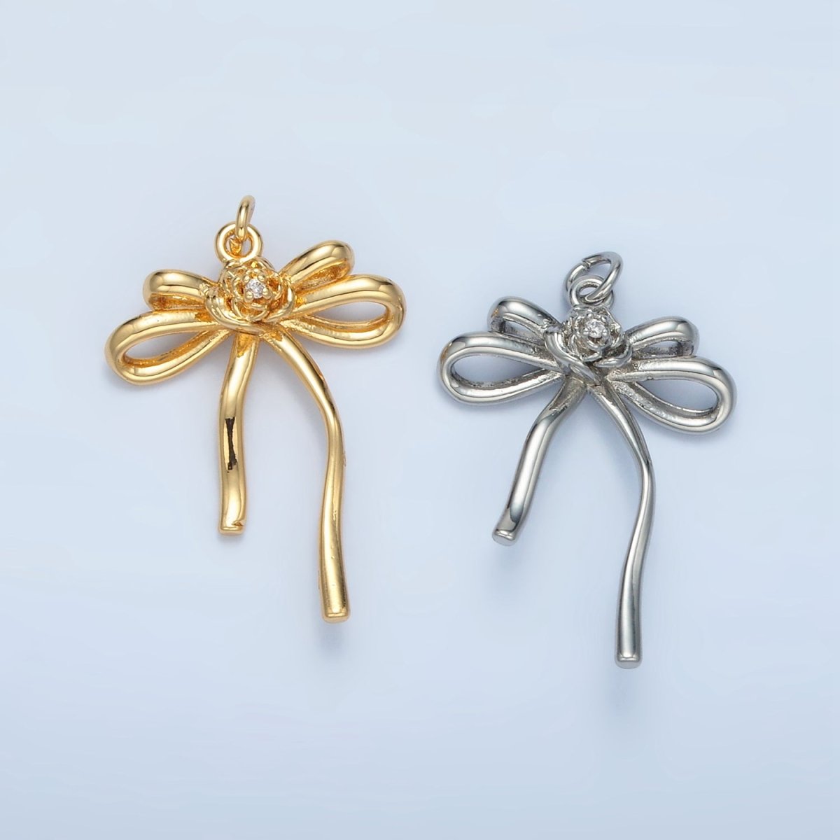 24K Gold Filled Rose Flower Ribbon Bow Multidimensional Charm in Gold & Silver | E373