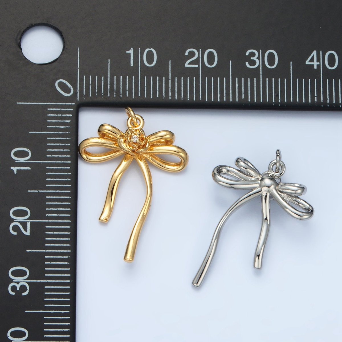 24K Gold Filled Rose Flower Ribbon Bow Multidimensional Charm in Gold & Silver | E373