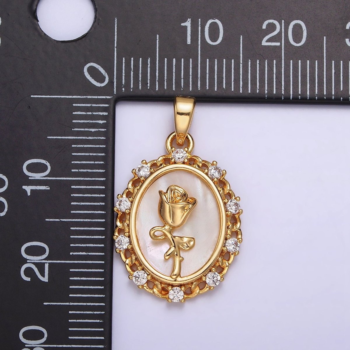 24K Gold Filled Rose Flower Shell Pearl Curb Link CZ Lined Oval Pendant | AA583 - DLUXCA