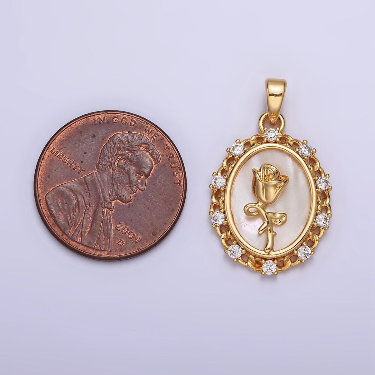 24K Gold Filled Rose Flower Shell Pearl Curb Link CZ Lined Oval Pendant | AA583 - DLUXCA