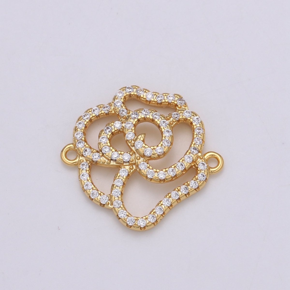 24k Gold Filled Rose Outline Silhouette Beautiful Rose Flower Plant Nature Charm Connector Micro Pave Flower Link Connector F-568
