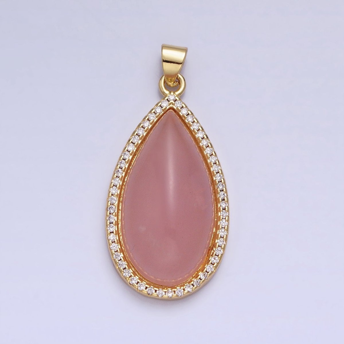 24K Gold Filled Rose Quartz Natural Gemstone Cabochon Micro Paved CZ 35mmx16.3mm Teardrop Pendant | AA339 - DLUXCA