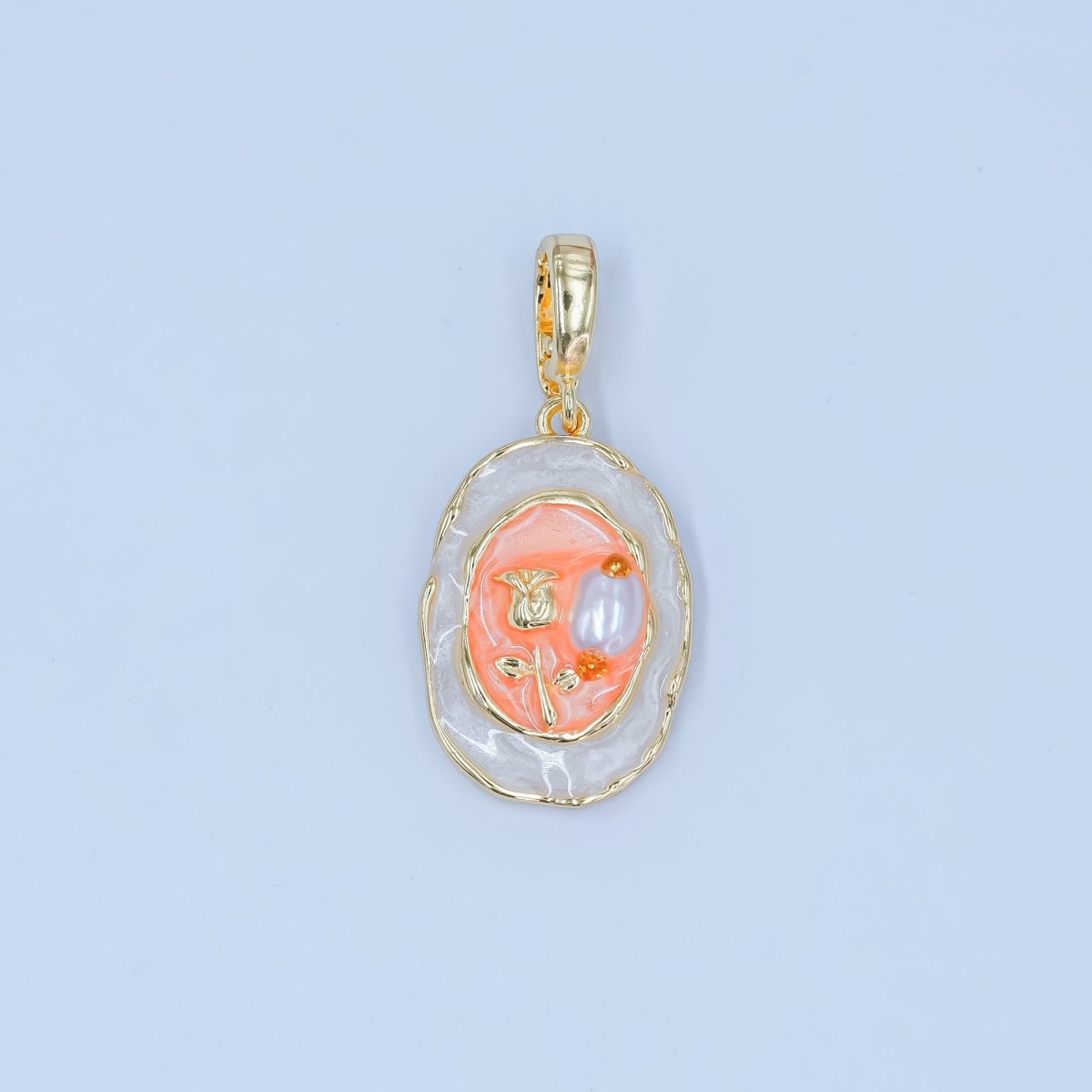 24K Gold Filled Rose Shell Pearl Enamel Molten Oval Pendant | AH043 - DLUXCA