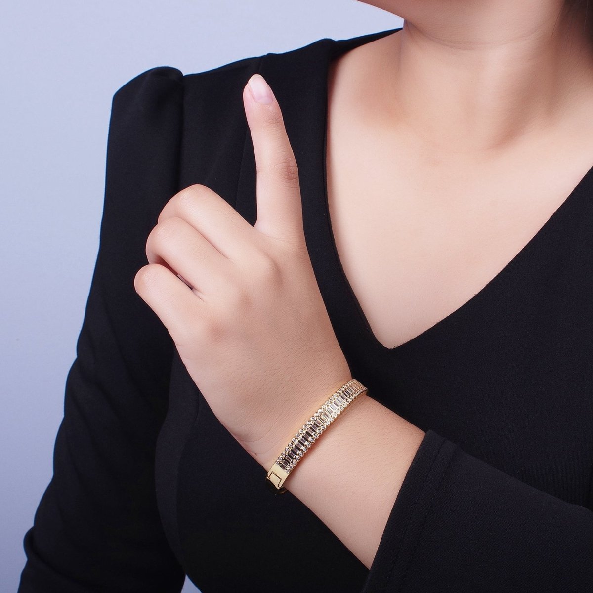 24K Gold Filled Round Baguette Cubic Zirconia Bar Bangle Bracelet in Gold & Silver | WA-1412 WA-1413 Clearance Pricing