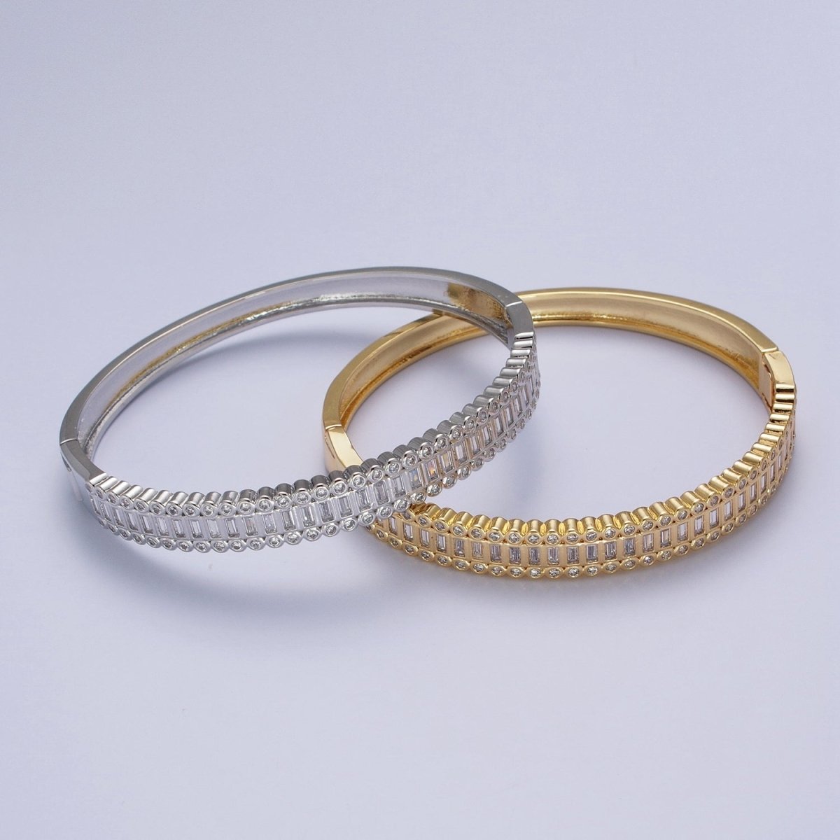 24K Gold Filled Round Baguette Cubic Zirconia Bar Bangle Bracelet in Gold & Silver | WA-1412 WA-1413 Clearance Pricing