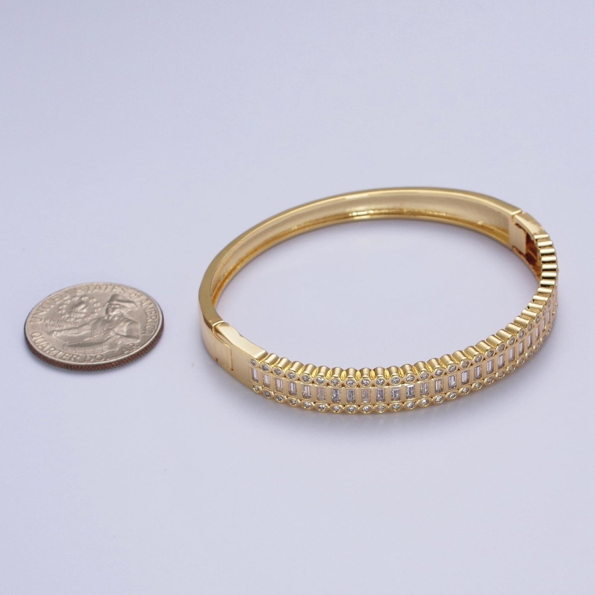 24K Gold Filled Round Baguette Cubic Zirconia Bar Bangle Bracelet in Gold & Silver | WA-1412 WA-1413 Clearance Pricing