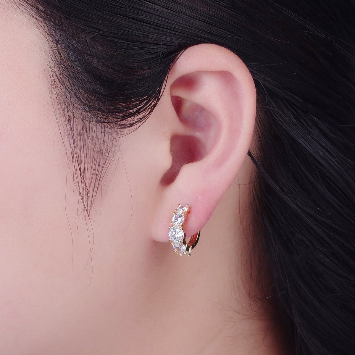 24K Gold Filled Round Clear CZ Lined Huggie Hoop Earrings | T-430 - DLUXCA