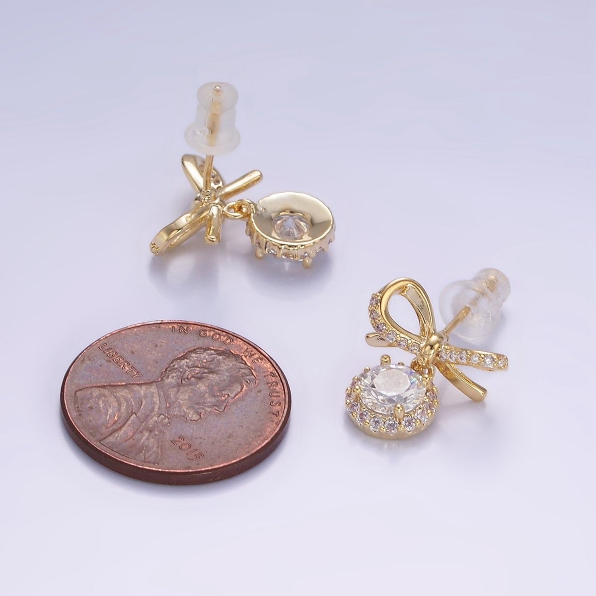 24K Gold Filled Round CZ Drop Micro Paved Ribbon Bow Stud Earrings in Gold & Silver |  V525