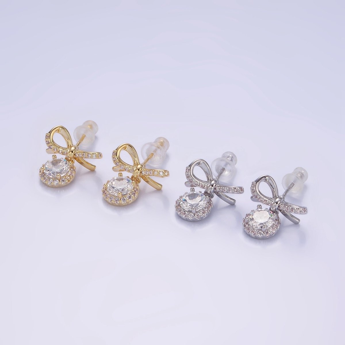 24K Gold Filled Round CZ Drop Micro Paved Ribbon Bow Stud Earrings in Gold & Silver |  V525