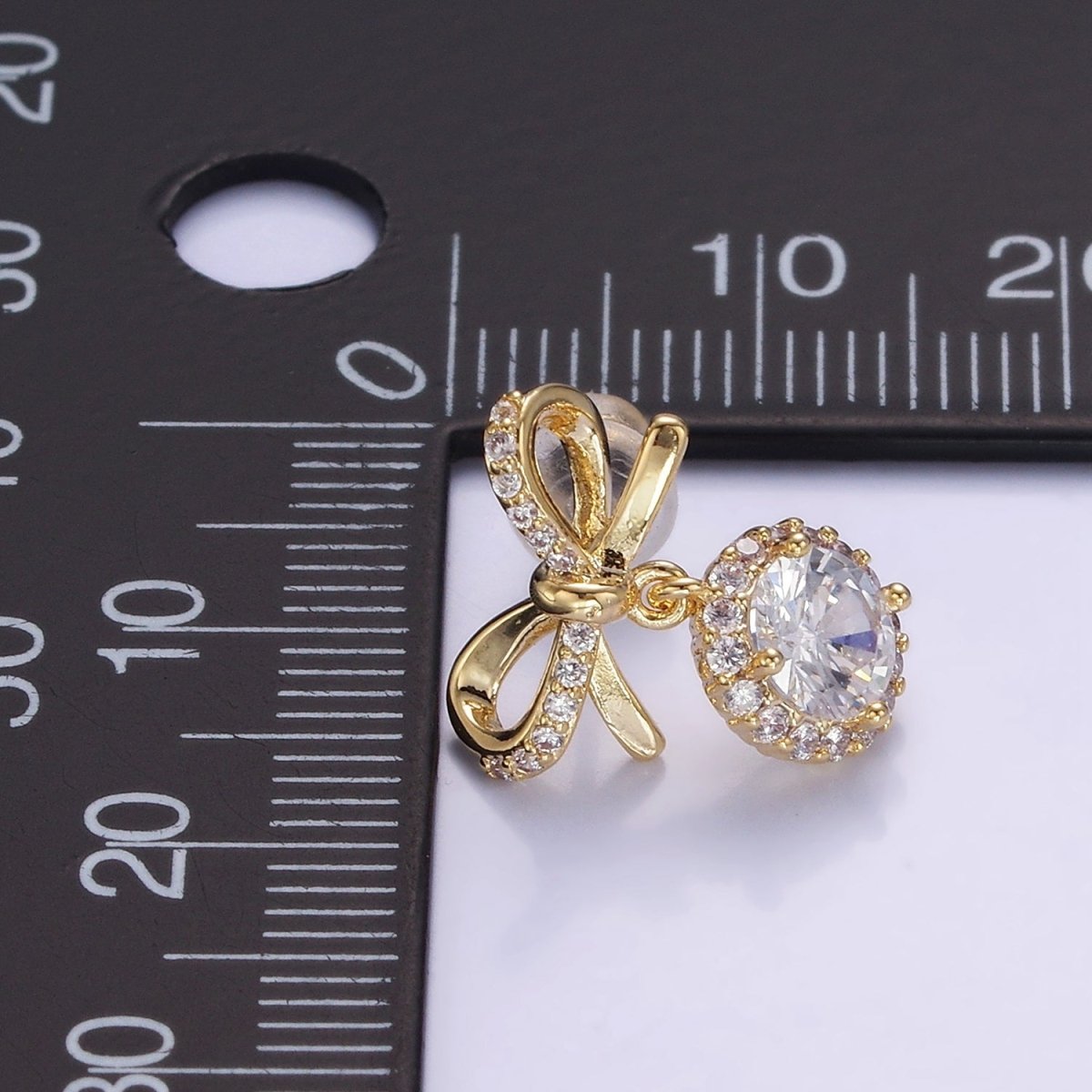 24K Gold Filled Round CZ Drop Micro Paved Ribbon Bow Stud Earrings in Gold & Silver |  V525