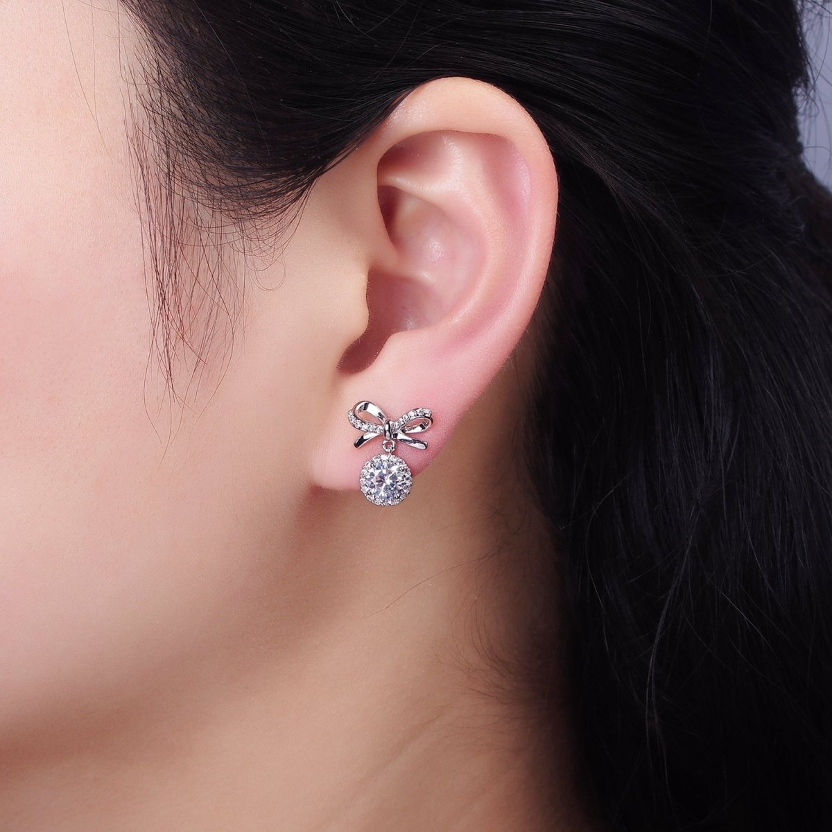 24K Gold Filled Round CZ Drop Micro Paved Ribbon Bow Stud Earrings in Gold & Silver |  V525