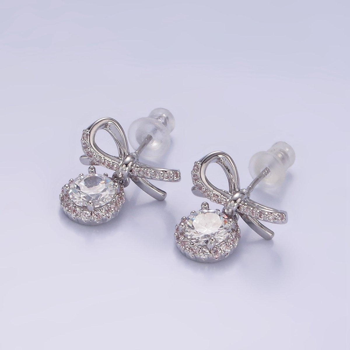 24K Gold Filled Round CZ Drop Micro Paved Ribbon Bow Stud Earrings in Gold & Silver |  V525