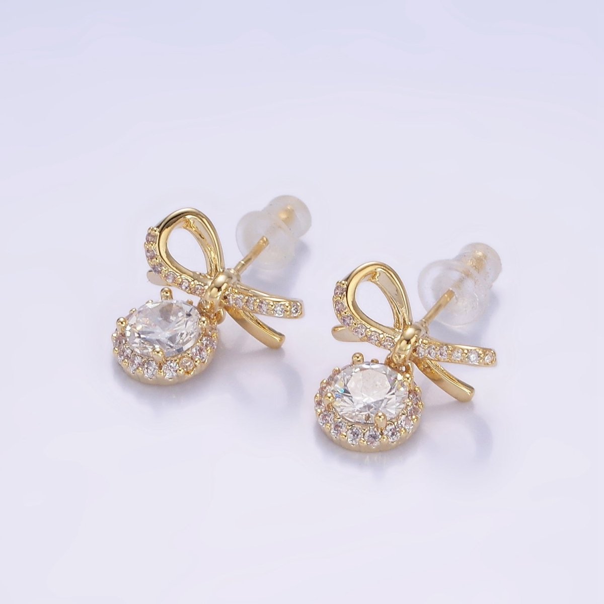 24K Gold Filled Round CZ Drop Micro Paved Ribbon Bow Stud Earrings in Gold & Silver |  V525