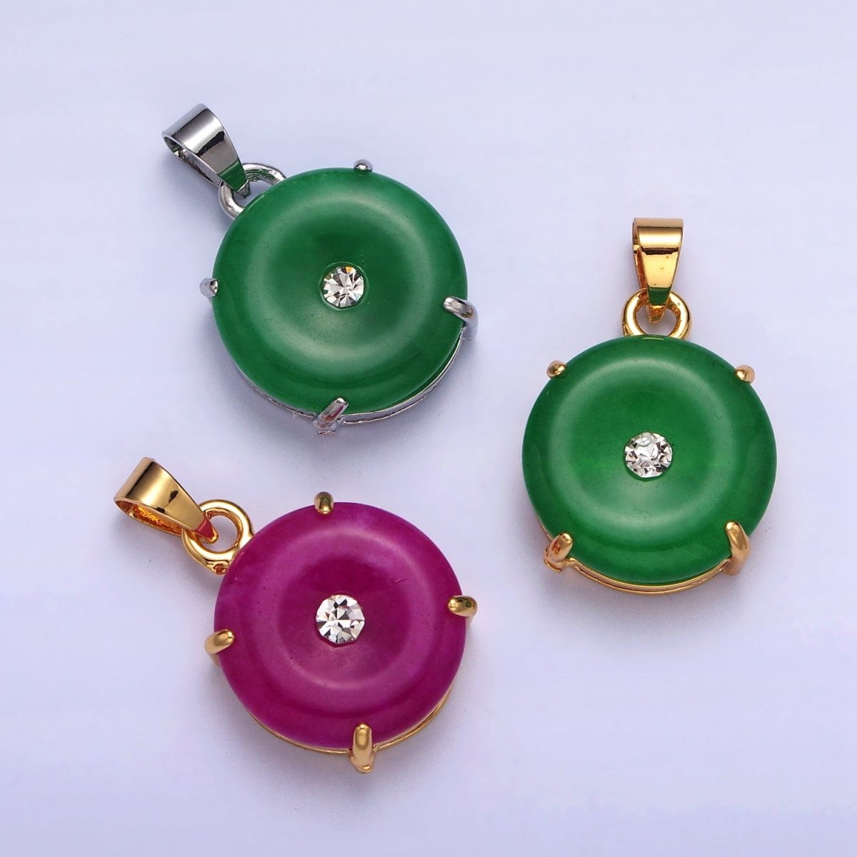 24k Gold Filled Round Jade Stone charm, Green, Purple Donut Stone Pendant w/ Micro Pave Stone Pendant W-640 W-641 AA-099 AA-100