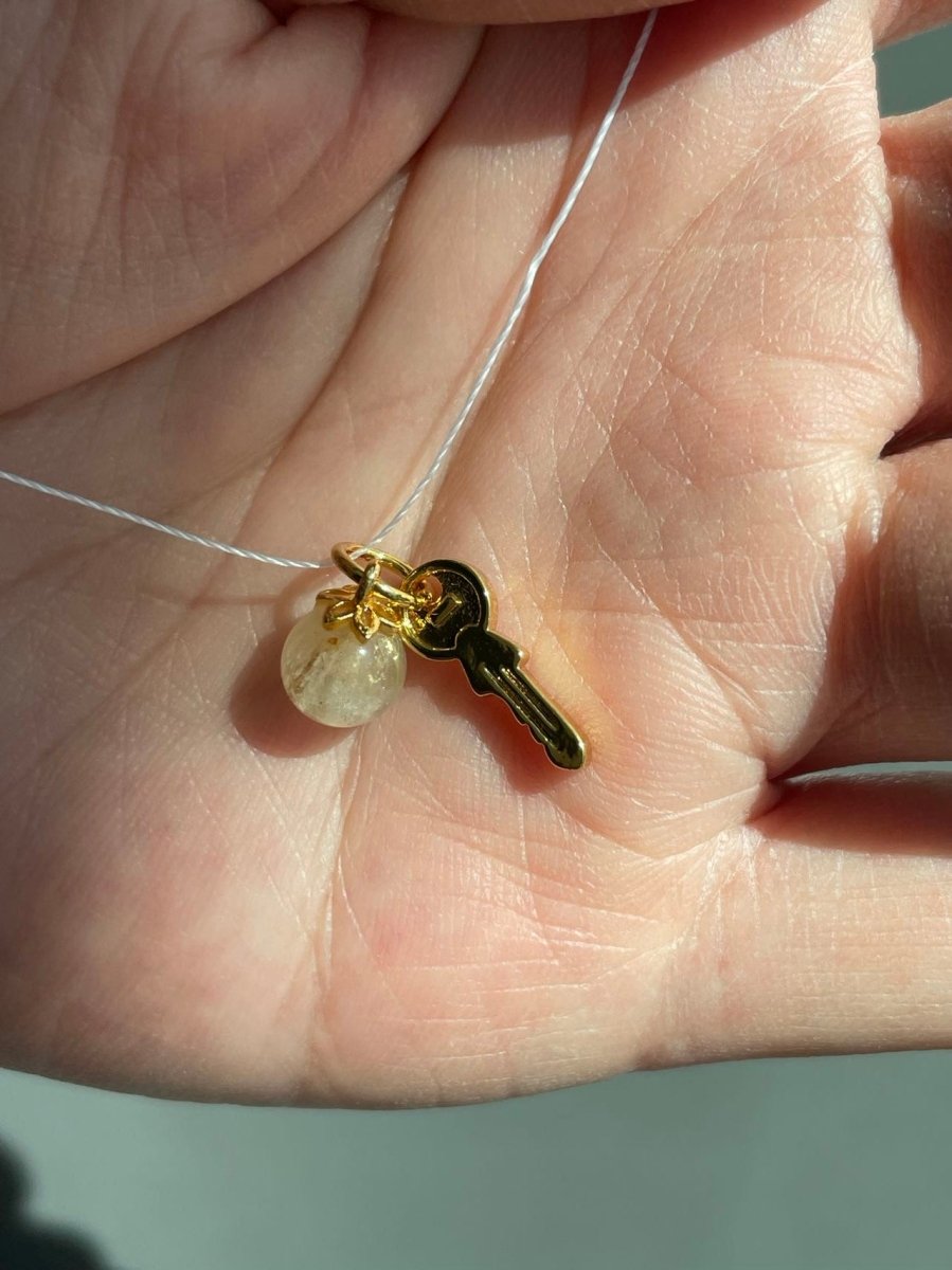 24K Gold Filled Round Natural Gemstone & Key/Heart Double Charm For Jewelry Making | M-518 M-519