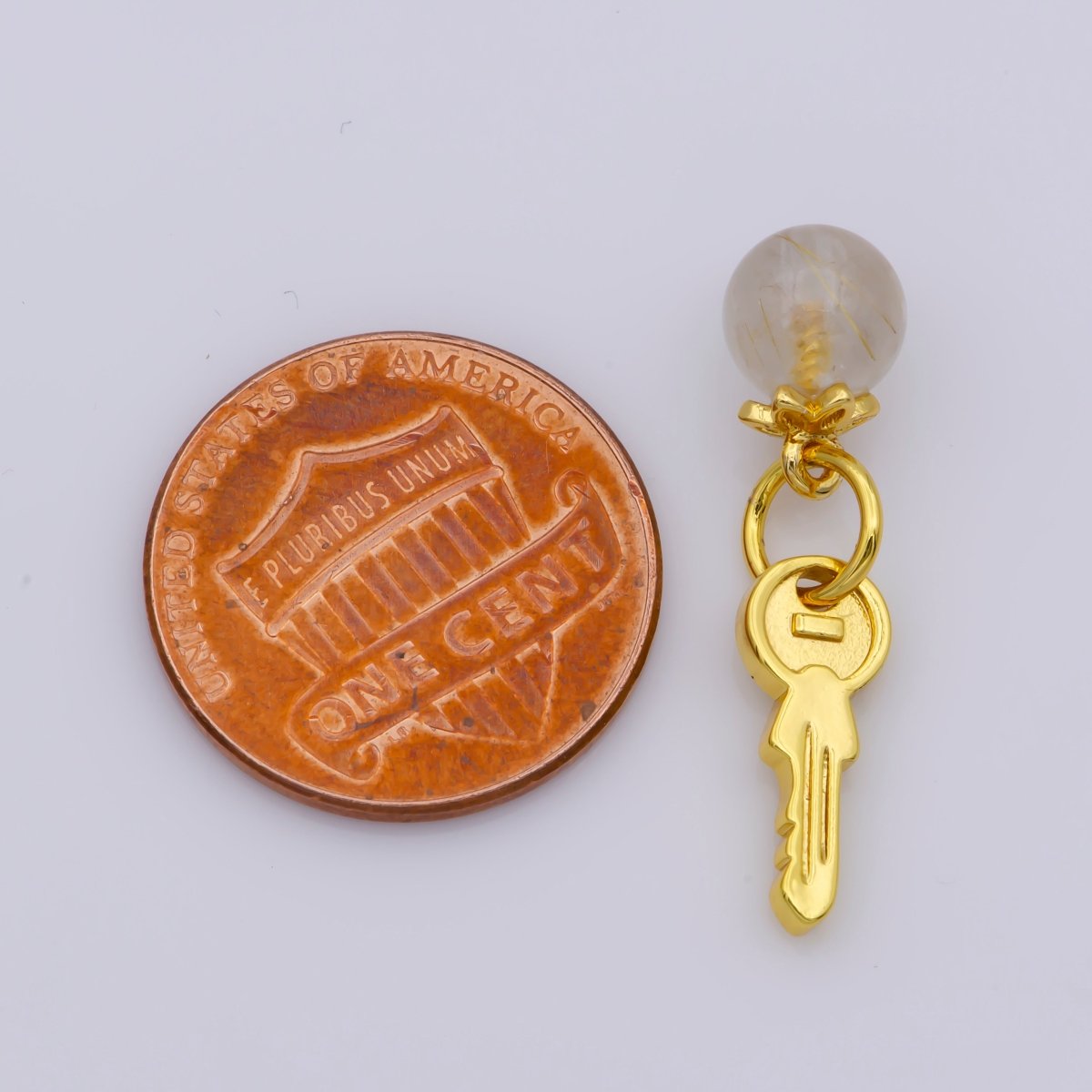 24K Gold Filled Round Natural Gemstone & Key/Heart Double Charm For Jewelry Making | M-518 M-519