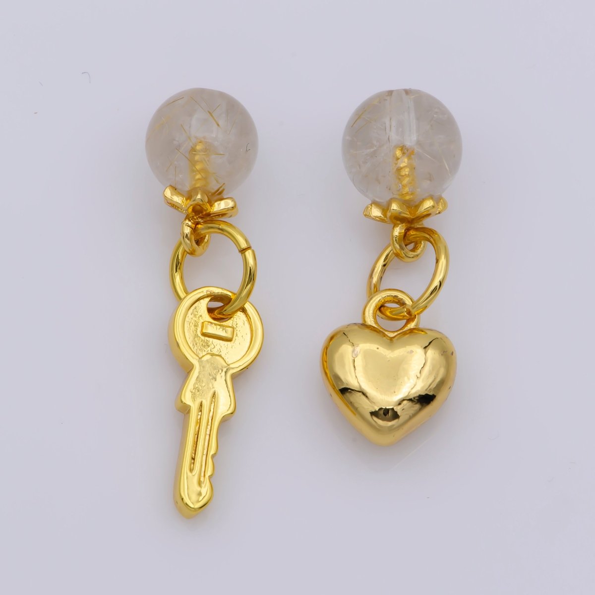 24K Gold Filled Round Natural Gemstone & Key/Heart Double Charm For Jewelry Making | M-518 M-519