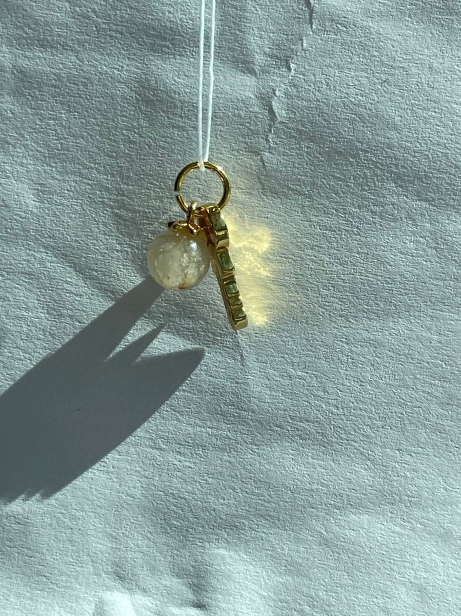 24K Gold Filled Round Natural Gemstone & Key/Heart Double Charm For Jewelry Making | M-518 M-519