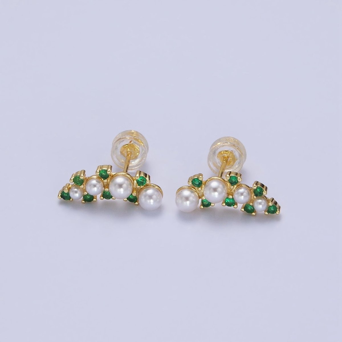 24K Gold Filled Round Pearl Green CZ Curved Line Stud Earrings in Gold & Silver | AB613 AB614