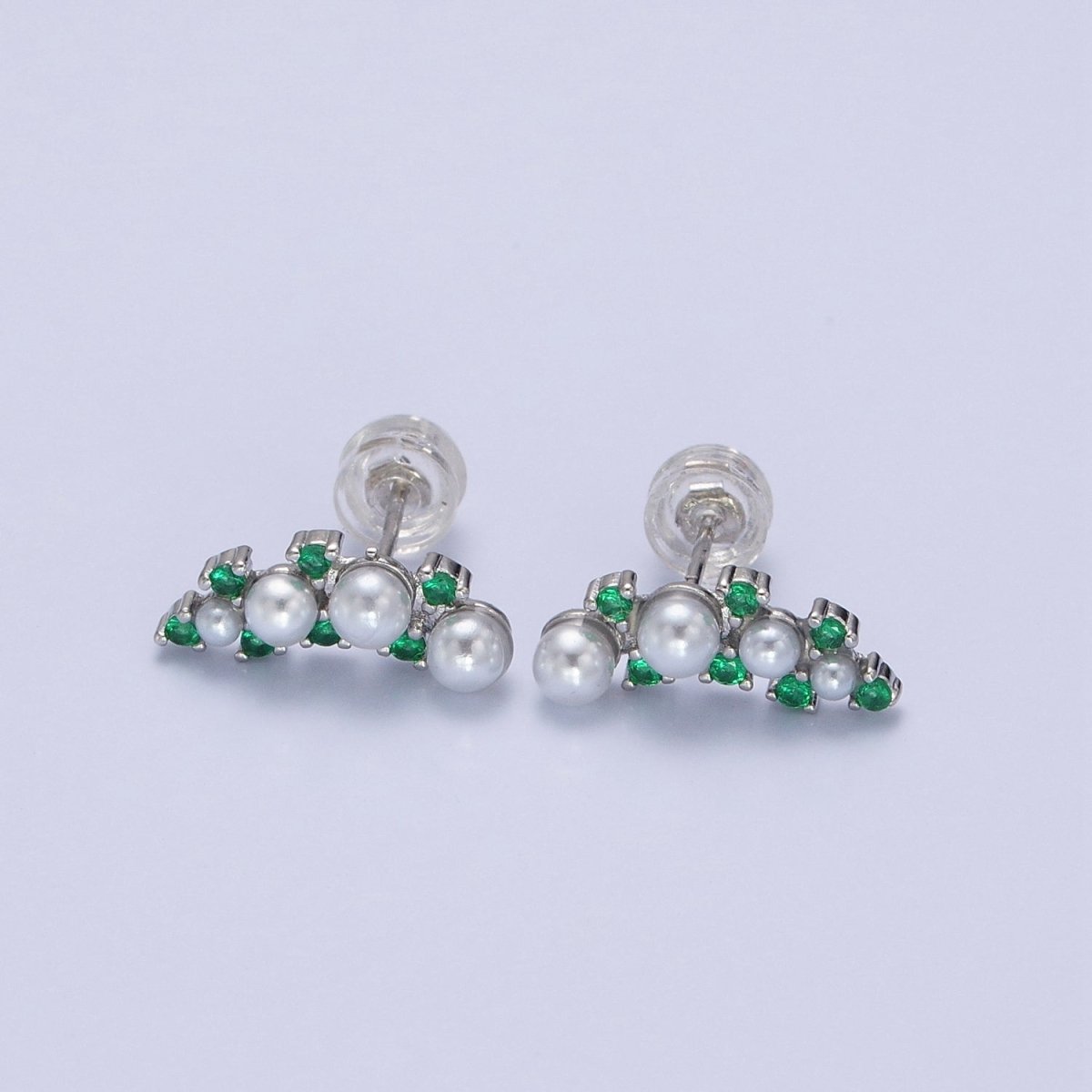 24K Gold Filled Round Pearl Green CZ Curved Line Stud Earrings in Gold & Silver | AB613 AB614