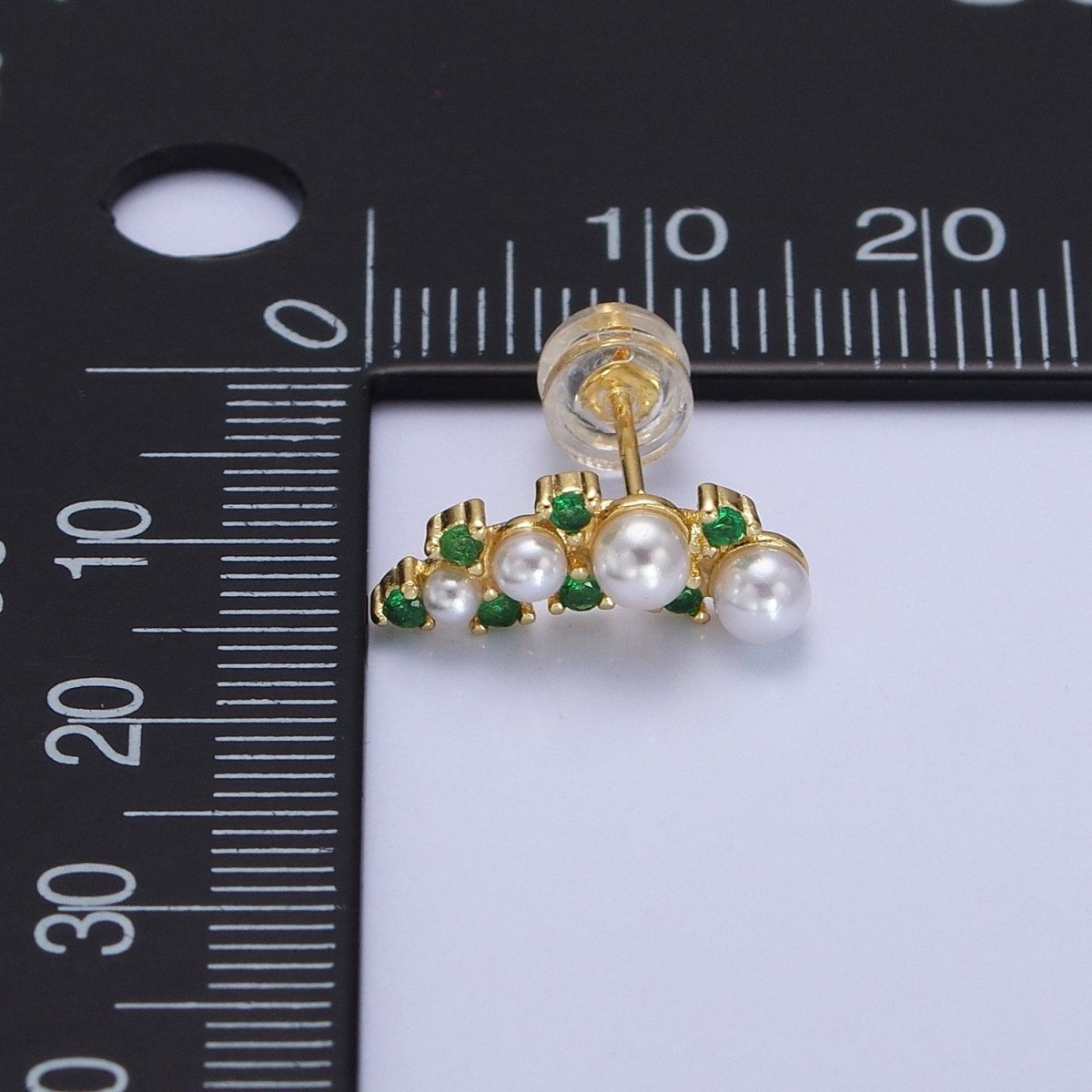 24K Gold Filled Round Pearl Green CZ Curved Line Stud Earrings in Gold & Silver | AB613 AB614