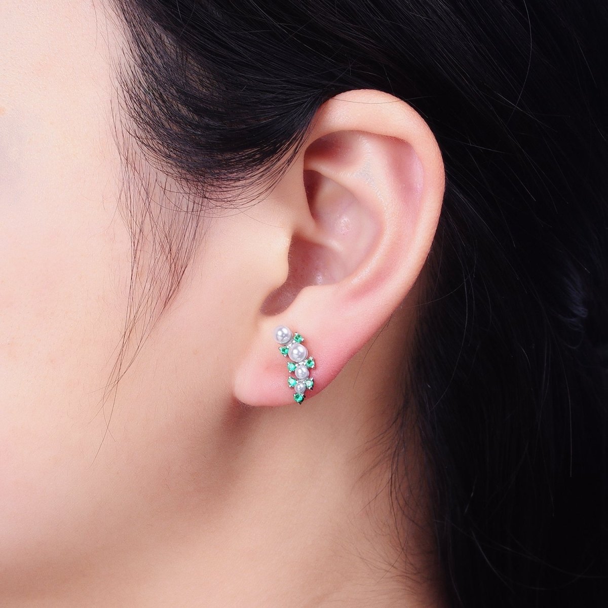 24K Gold Filled Round Pearl Green CZ Curved Line Stud Earrings in Gold & Silver | AB613 AB614