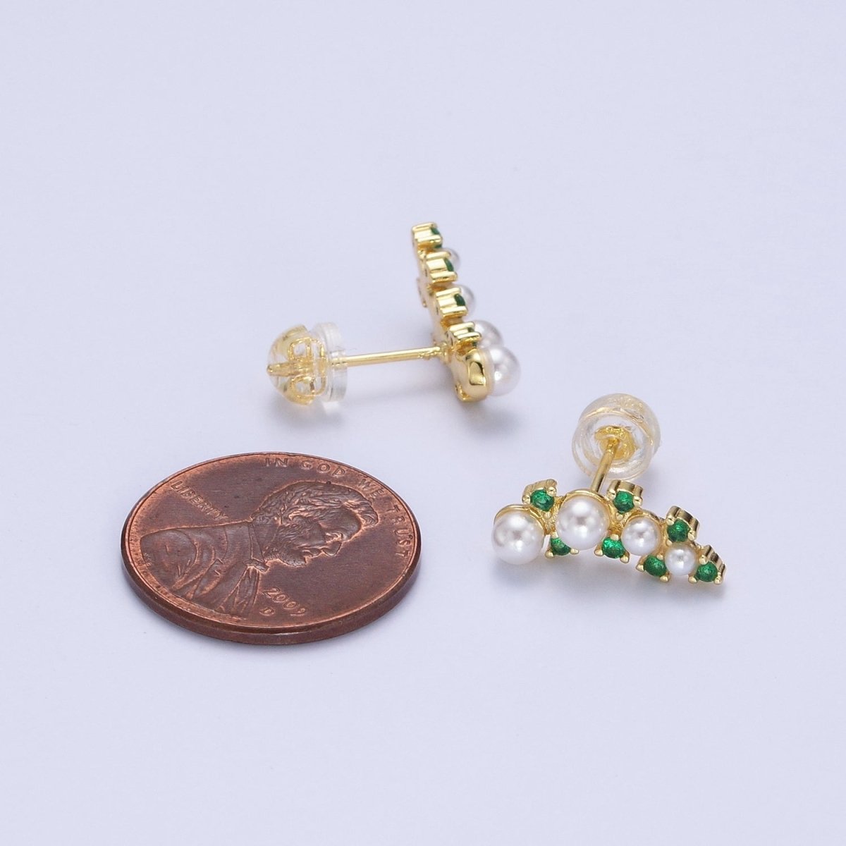 24K Gold Filled Round Pearl Green CZ Curved Line Stud Earrings in Gold & Silver | AB613 AB614