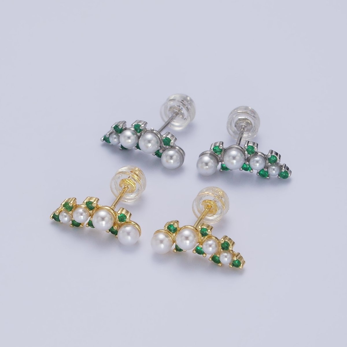 24K Gold Filled Round Pearl Green CZ Curved Line Stud Earrings in Gold & Silver | AB613 AB614