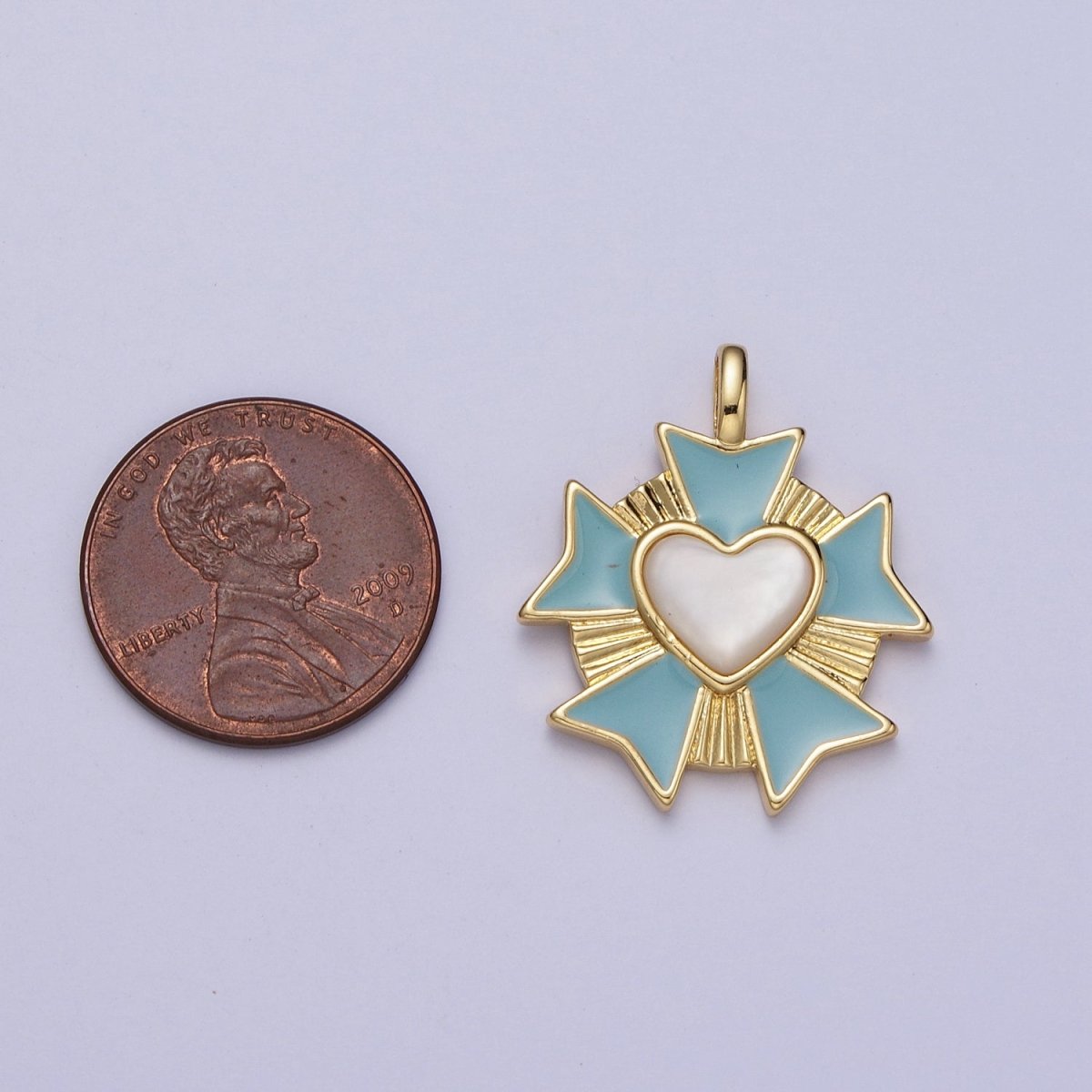 24K Gold Filled Round Sunburst Blue White Heart Enamel Pendant | AC010 - DLUXCA