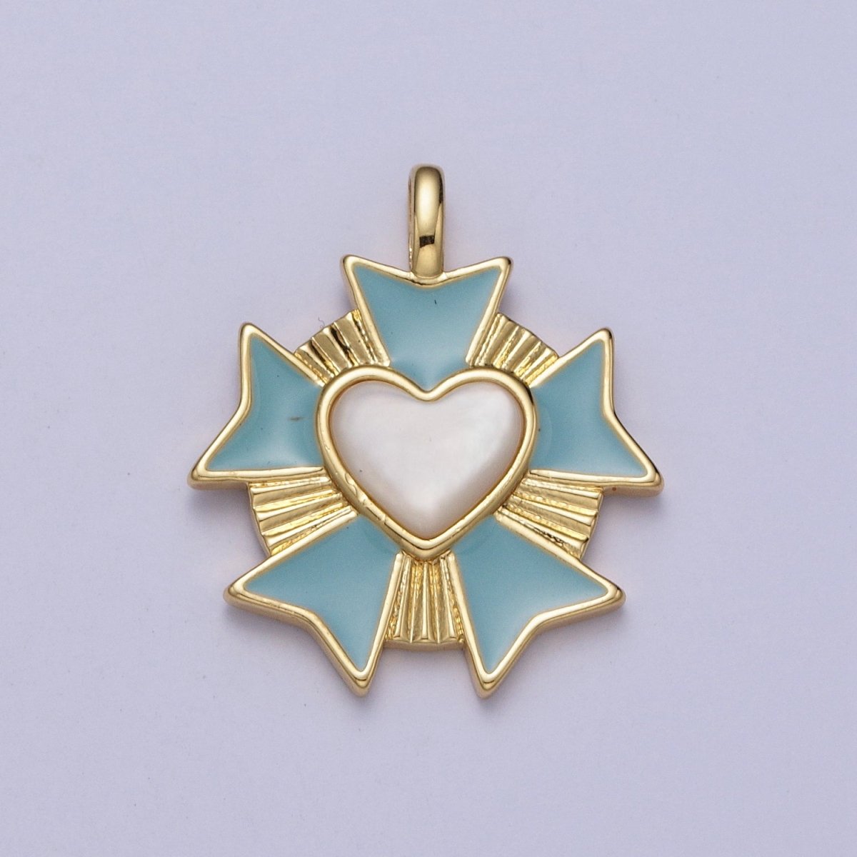 24K Gold Filled Round Sunburst Blue White Heart Enamel Pendant | AC010 - DLUXCA