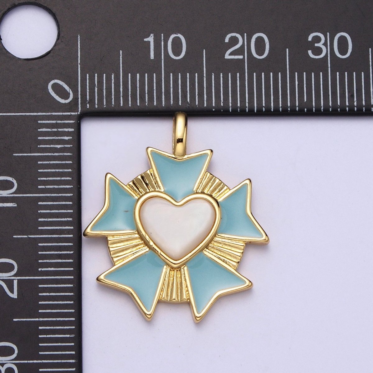 24K Gold Filled Round Sunburst Blue White Heart Enamel Pendant | AC010 - DLUXCA