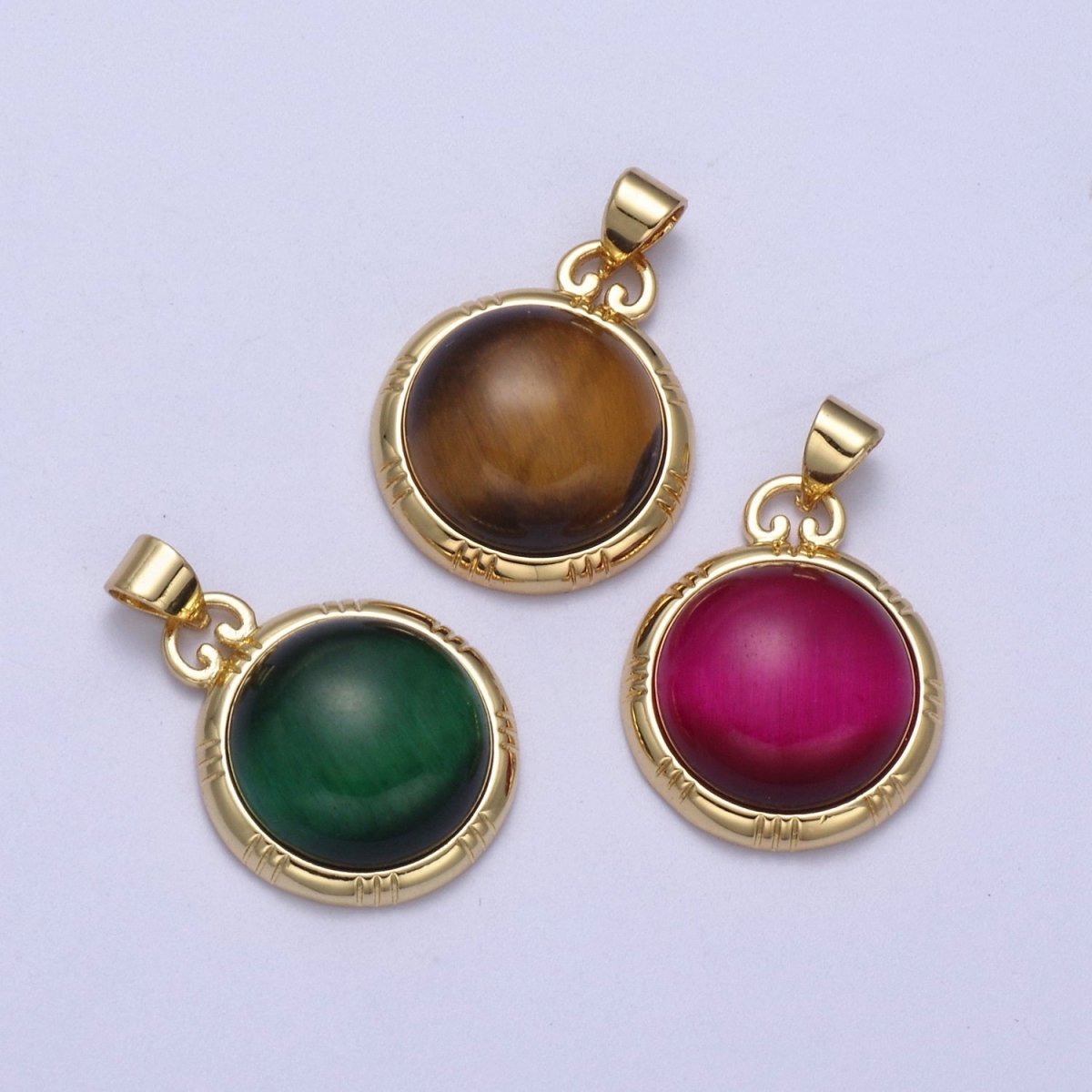 24K Gold Filled Round Tiger Eye, Dark Green Aventurine, Fuchsia Agate Natural Healing Gemstone Pendant H-335 - H-337