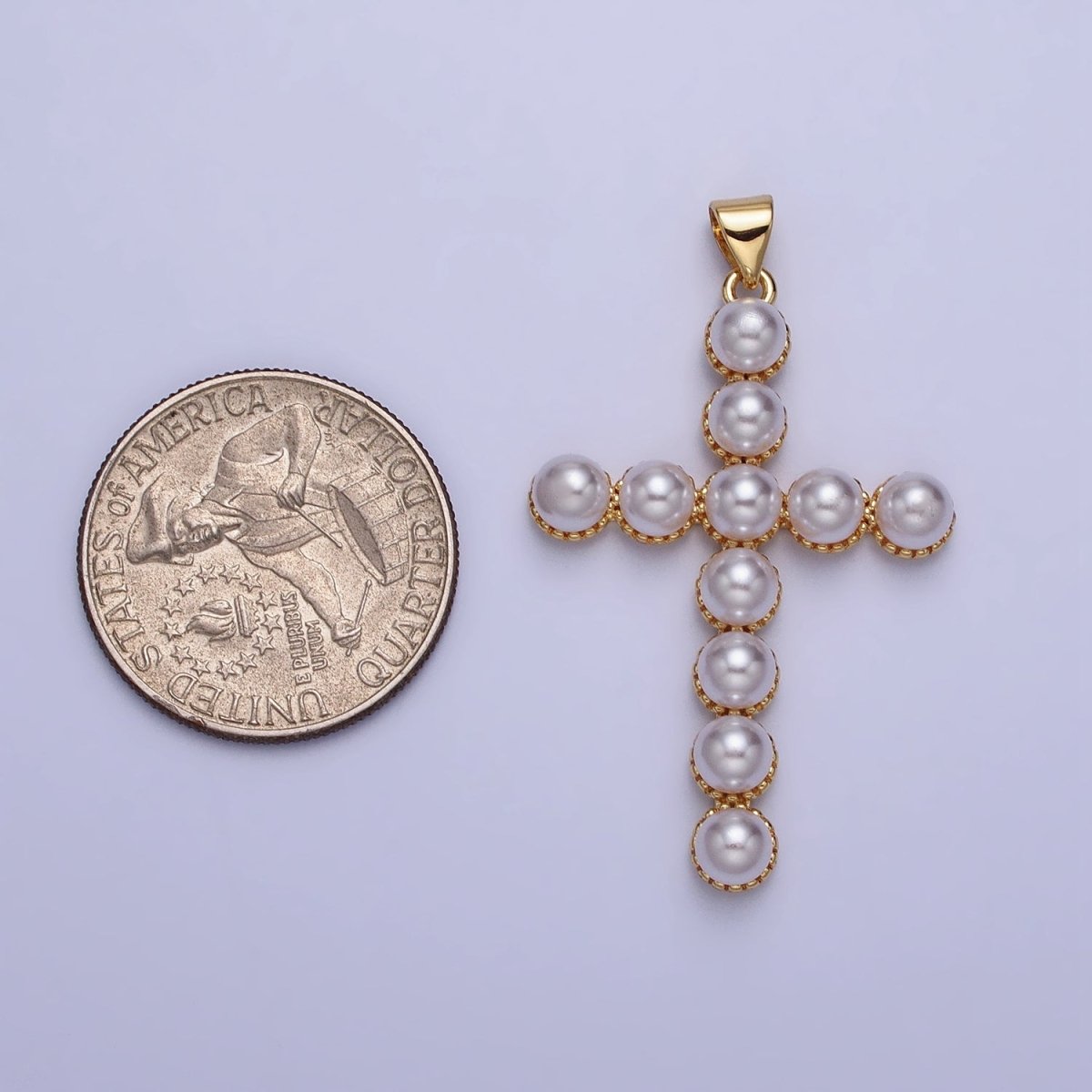 24K Gold Filled Rounded Pearl Lined Religious Cross Pendant in Gold & Silver | AA201 AA202