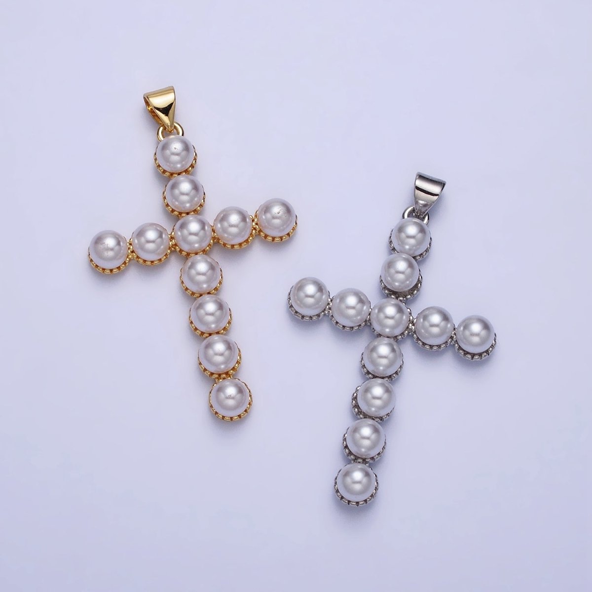 24K Gold Filled Rounded Pearl Lined Religious Cross Pendant in Gold & Silver | AA201 AA202