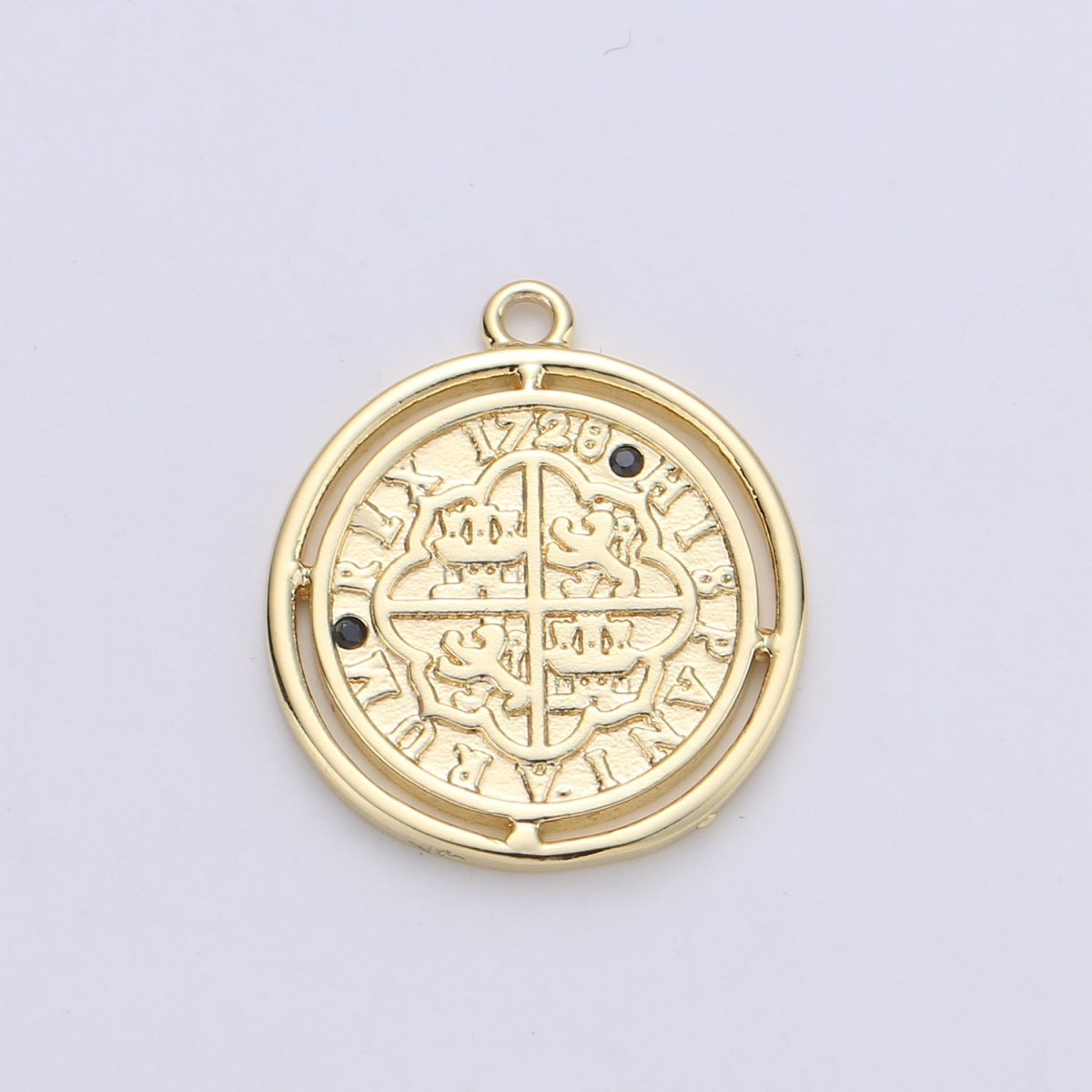 24K Gold Filled Rustic Black Turquoise or Pink Medallion Coin Dainty Charm with Micro Pave Cubic Zirconia CZ Stone for Necklace or Bracelet C-891 C-927 C-929