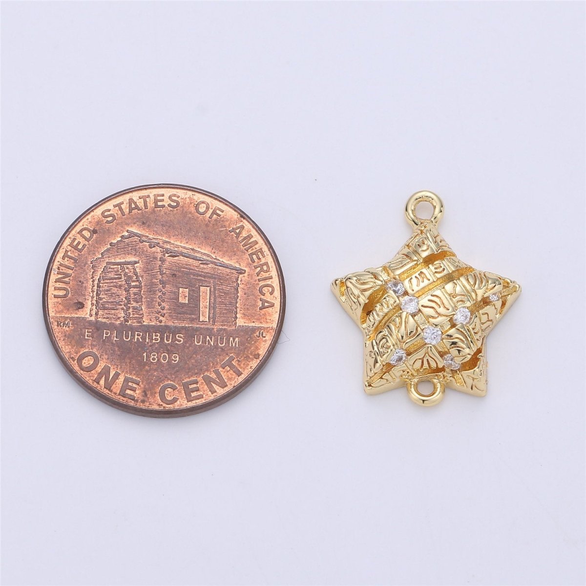 24K Gold Filled Rustic Symbols Stripes Star Dainty Connector with Micro Pave Cubic Zirconia CZ Stone for Necklace or Bracelet F-363 - DLUXCA