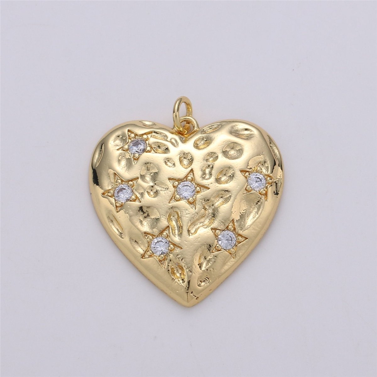 OS 24K Gold Filled Rustic Textured Heart Charm with Micro Pave Little Star Shape Cubic Zirconia CZ Stone for Love Necklace or Bracelet C-864