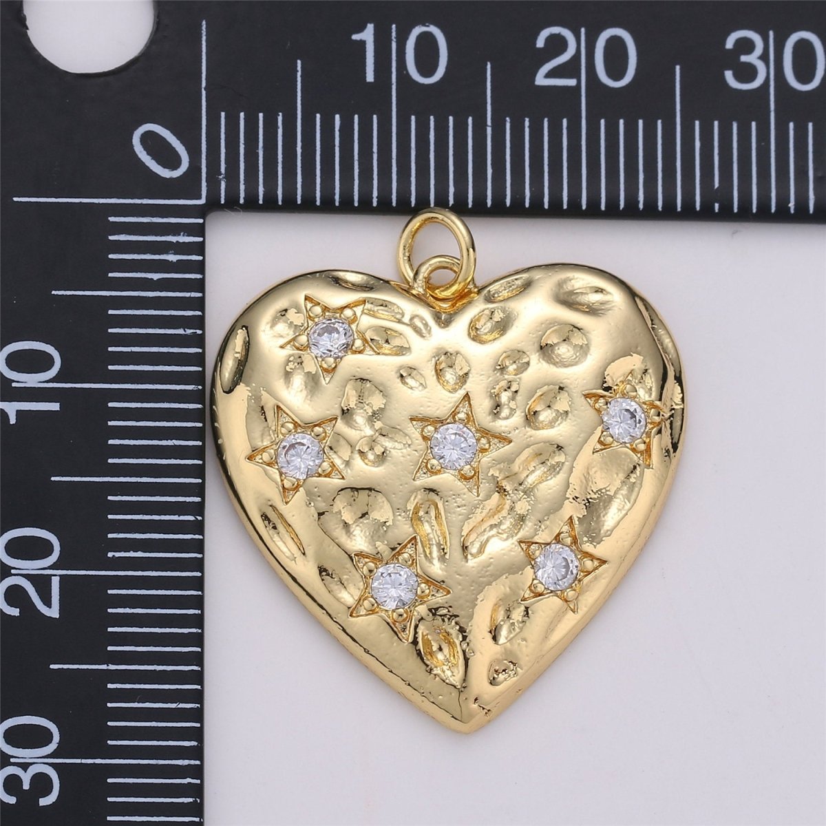 OS 24K Gold Filled Rustic Textured Heart Charm with Micro Pave Little Star Shape Cubic Zirconia CZ Stone for Love Necklace or Bracelet C-864